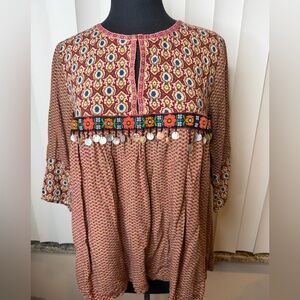 Umgee printed boho baby doll tunic embroidered sequin trim size Small